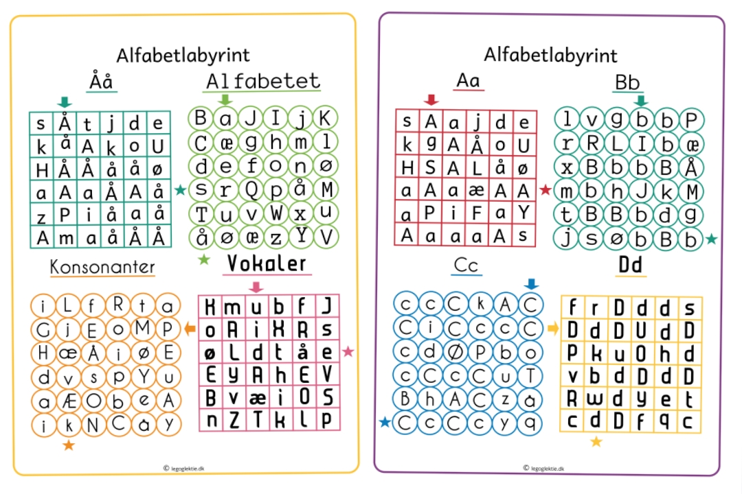 30 labyrinter bogstaver (Print selv) - Leg og Lektie - butikken